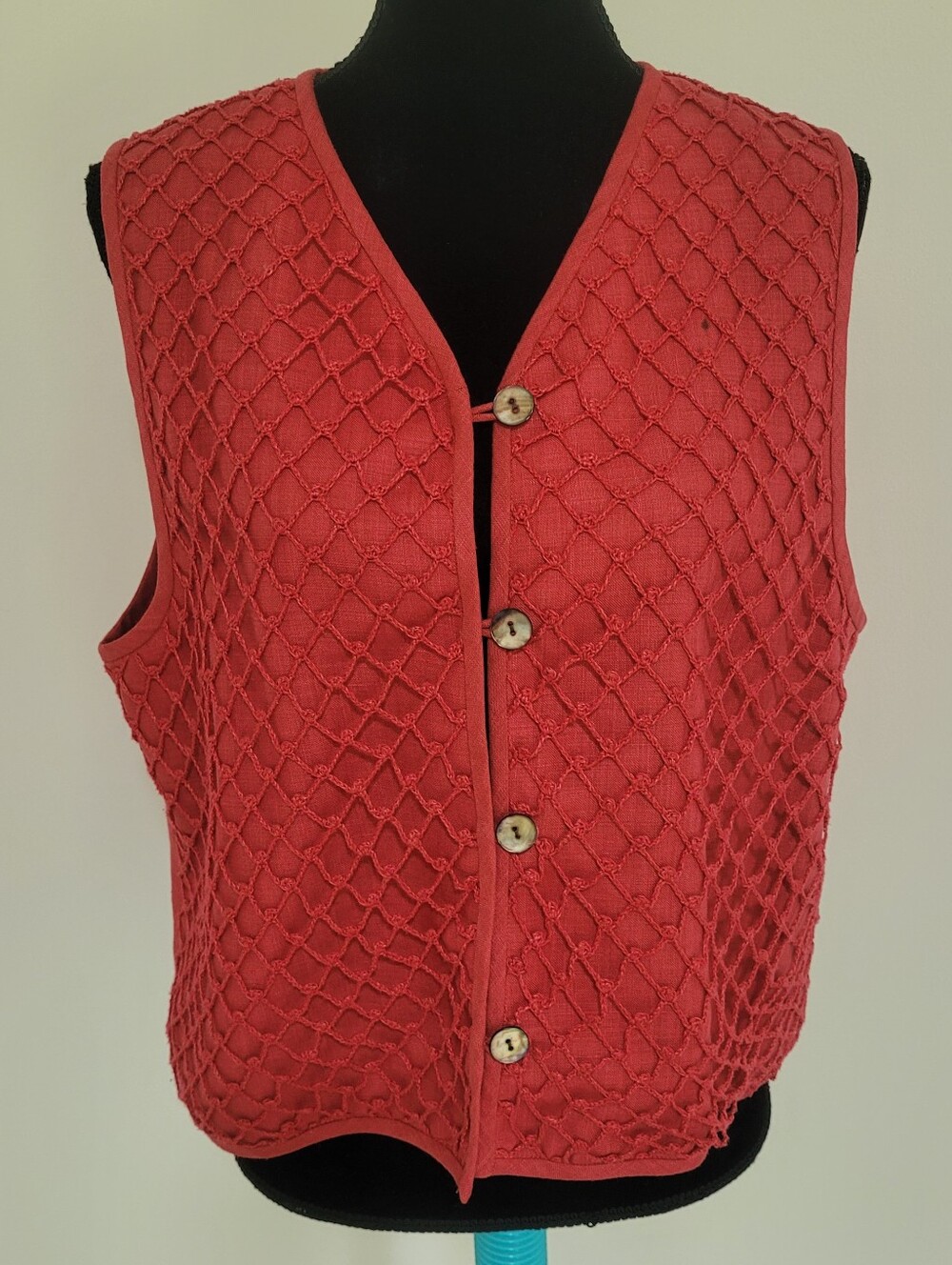 Susan Bristol Women's Vintage Linen Textured Front Vest Large Red Cottagecore